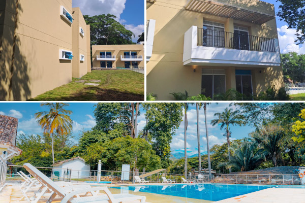 Collage con Habitaciones vistas desde afuera, con balcones blancos y ventanas con cortinas azules en un espacio con prado y árboles, balcón blanco con beige del segundo piso de una instalación de las habitaciones con diversas plantas decorativas y árboles rodeando el lugar y Piscina pequeña rodeada de sillas playeras con una vista donde resaltan varias palmeras y árboles separados por una reja del centro vacacional y hotel Las Palmeras
