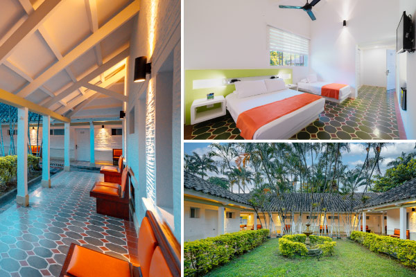 Collage con Pasillo, baldosas adornadas de formas geométricas azules, blancas y rojas; sillones naranjas y columnas que sostienen el techo, Habitación con descuento con dos camas, una doble y la otra sencilla, con mesas de noche y lámparas para cada una; televisor, ventilador y baño privado y Jardín con palmeras y una fuente en el centro, rodeada de arbustos con praderas verdes, que a su vez están delimitadas por una línea recta de arbustos que separan el prado de las cabañas, las cuáles tienen tarifas especiales del centro vacacional Las Palmeras