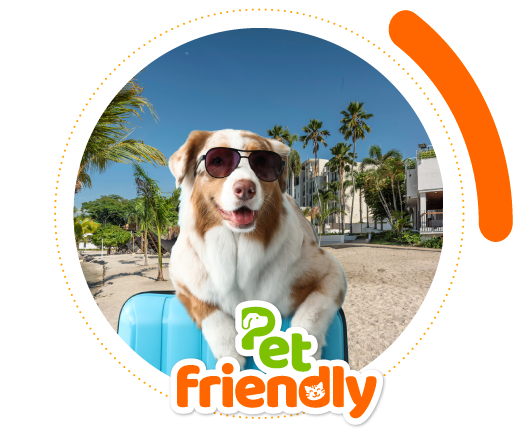 Plano cerrado de un perro de raza pequeña, de color blanco con negro, que tiene la boca abierta expresando sorpresa y se encuentra en un hotel con playa; en la parte inferior de la imagen hay un letrero de color verde y naranja con la frase pet friendly