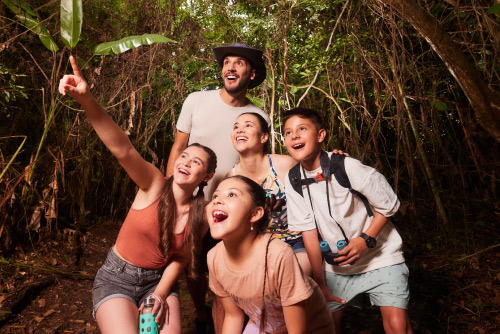 Familia de cinco personas están de pie en medio de abundante naturaleza con cara de sorpresa al descubrir la vista que pueden disfrutar con los mejores planes vacacionales en Lagosol