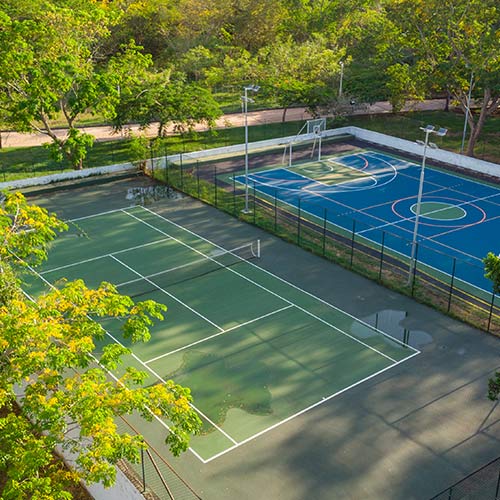 Cancha de tenis de color verde con líneas y una red blanca, al lado hay una reja verde que la separa de una cancha de baloncesto azul; las dos están rodeadas por diferentes árboles