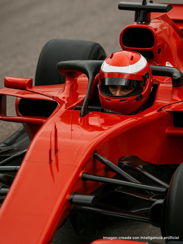 Carro de Fórmula 1 de color rojo, está rodando por una pista que hace parte de los planes de turismo deportivo de Compensar; el piloto usa casco de color rojo con una línea blanca y su mirada está fijamente en el camino