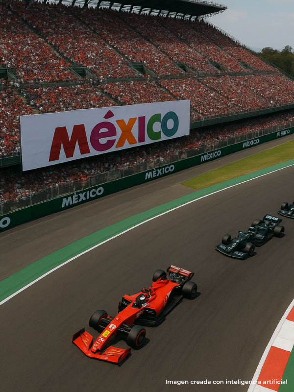 Toma aérea de una pista en la cual se puede ver gran cantidad de carros de Fórmula, los cuales se pueden disfrutar al adquirir los planes de viaje para el gran premio de México. Alrededor hay pasto y graderías llenas de personas celebrando, acompañadas de una bandera que dice México