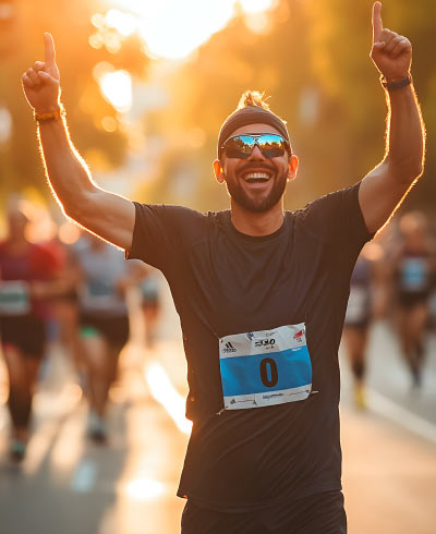 Corredor que usa ropa deportiva y lentes con efecto espejo, celebra su llegada a la meta en una de las mejores maratones en Colombia, portando el numero cero en su pecho, con los brazos levantados y sonriendo. En el fondo se ven otros corredores a punto de llegar a la meta, rodeados de naturaleza