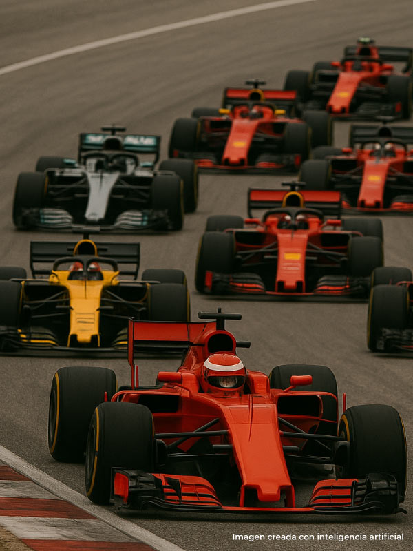 Diez carros de Fórmula 1 de diferentes colores, unos rojos, otros amarillos y uno gris, que van rodando por la pista de carreras, la cual hace parte de una de las ofertas de turismo deportivo de Compensar