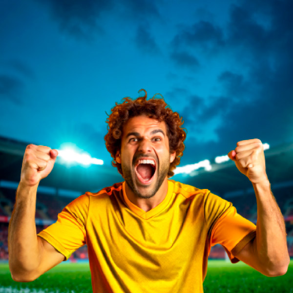 Hombre que usa camiseta de color amarillo, tiene las manos levantadas y una expresión de alegría, mientras celebra en medio de la cancha de un gran estadio que hace parte de las ofertas de turismo deportivo