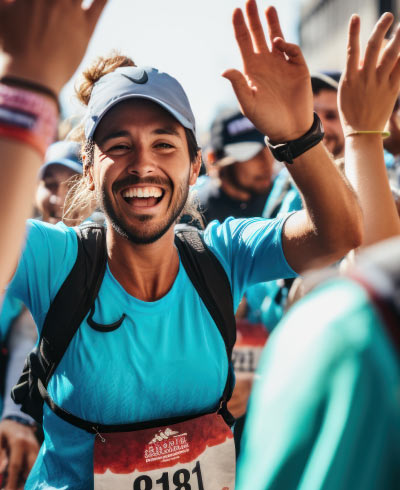 Hombre con camiseta de color cian, sonriendo y celebrando con las manos arriba, rodeado de corredores. Lleva su numero de competidor en el vientre y vive la emoción de la carrera atlética en Cali
