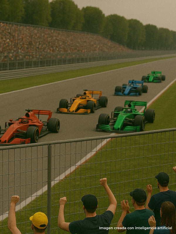 Gran cantidad de personas, observan una carrera de Formula 1 desde la tribuna, luego de acceder a una de las ofertas de turismo deportivo. En la pista se ven pasar cinco carros, uno rojo, dos verdes, uno amarillo y uno azul a gran velocidad