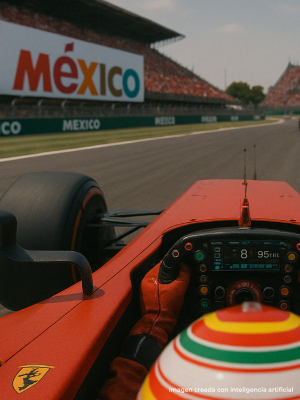 Toma en primer plano de un piloto de Fórmula 1, el cual está manejando un carro de color rojo, en medio de la pista y detrás de otros dos carros, los cuales se pueden conocer al comprar las entradas para el gran premio de México. Alrededor se ven las graderías llenas de personas y un pendón con la palabra México