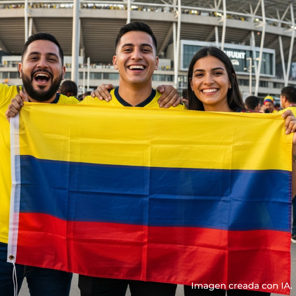 Tres aficionados levantan la bandera de Colombia, transmitiendo la energía de un viaje pensado para seguir a la Selección y aprovechar de los planes para ver los partidos de Colombia en Estados Unidos durante el Mundial