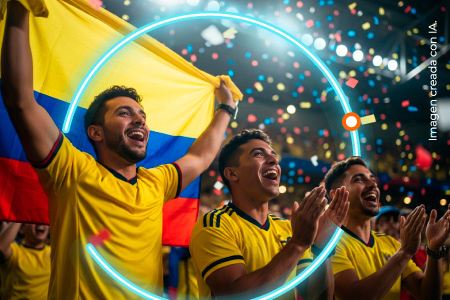 Un grupo de hinchas colombianos aplaude y celebra en un estadio lleno de luces y colores, creando un ambiente perfecto para quienes buscan vivir el torneo con paquetes para el campeonato mundial y experiencias únicas​