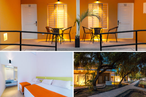 Collage con pasillo a la salida de las habitaciones, con paredes amarillo mostaza, dos mesas de tres sillas cada una, una planta decorando el espacio, y unas rejas que dan la entrada a las escaleras, Habitación con dos camas de sábanas blancas y naranjas, una doble y otra sencilla, con un closet, un baño personal y una lámpara y Sendero empedrado con dos árboles y pasto en sus alrededores, al lado de una instalación del centro vacacional y hotel Las Palmeras