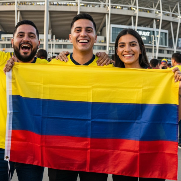 Imagen generada con IA Un grupo de hinchas colombianos sonríe mientras sostiene una gran bandera tricolor frente a un estadio, vestidos con camisetas amarillas y listos para vivir el ambiente futbolero, ideal para quienes buscan paquetes para el campeonato mundial.